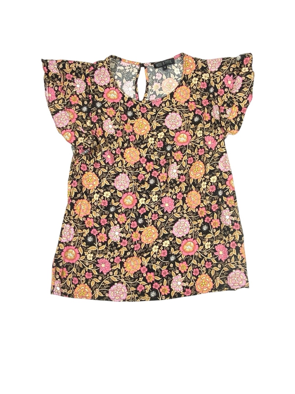 Rose & Thyme Floral Boho Blouse Women's M Short Flutter Sleeve Keyhole Neck
